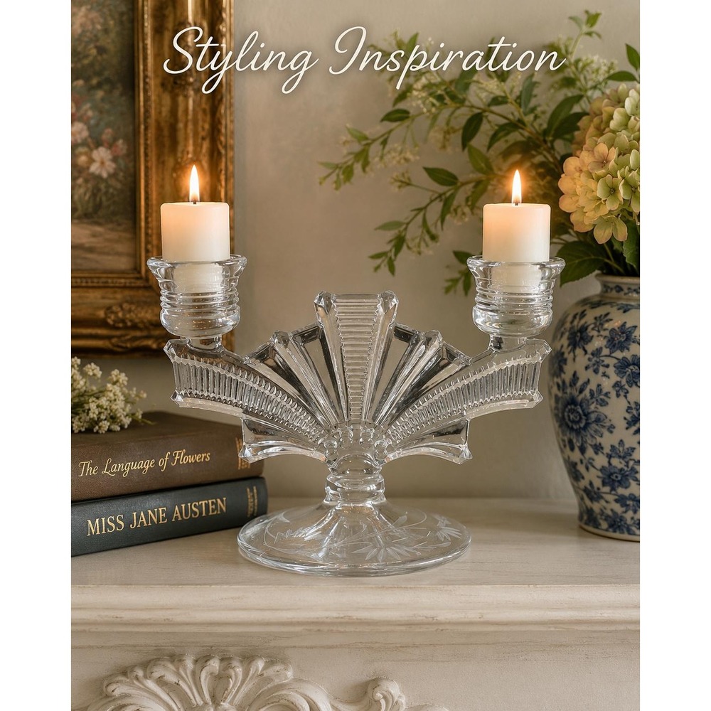 Vintage Paden City Glass Cavendish #330 Art Deco Fan Candelabra Etched 1930s